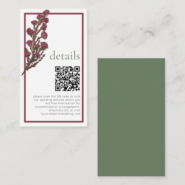 Vintage Wildblume QR Rosa Hochzeitdetails Begleitkarte (Vorne/Hinten)