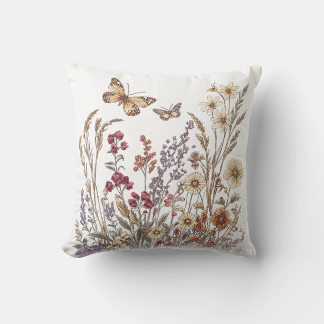 Vintage Wildblume Wiese mit Schmetterlingen Kissen (Vorderseite)