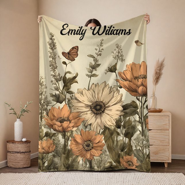 Vintage Wildblumen Decke, Individuelle Name Decke (Custom Vintage Floral Blanket for Mom, Grandma, Aunt, Teacher, or Friend, Floral Birthday Gift,)