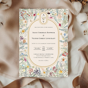 Vintage-Wildblumen-Farn-Beige-Hochzeitsmonogramm Einladung