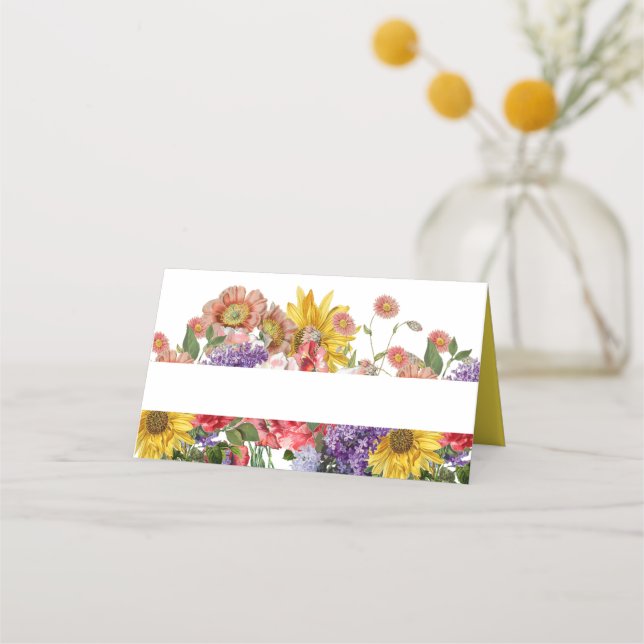 Vintage Wildblumen Hochzeitgefaltete Platzkarte (Vorderseite)