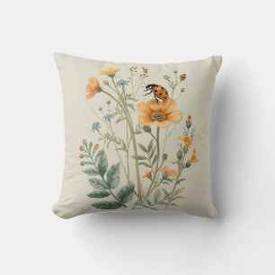 Vintage-Wildblumen und Marienkäfer-Botanik-Aquarel Kissen