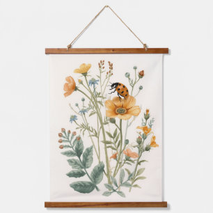 Vintage Wildblumen und Marienkäfer Botanik Wasserf Wandteppich Mit Holzrahmen