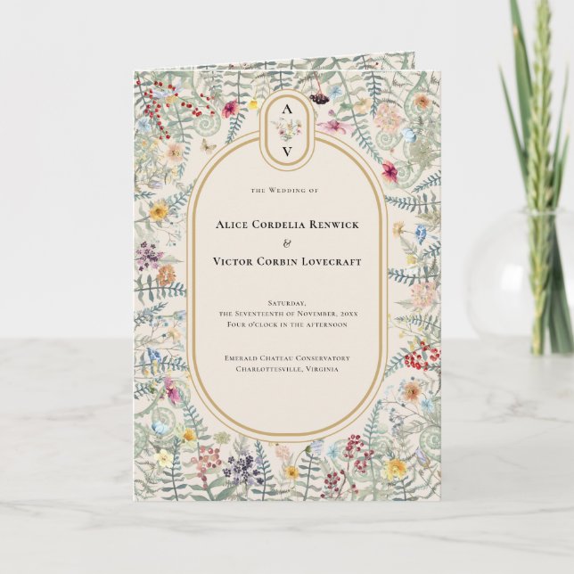 Vintage-Wildflower-Hochzeitsmonogramm gefaltet Programm (Vorderseite)