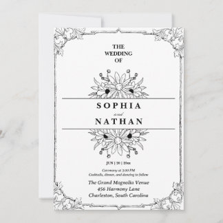 Vintage Wildflower Sketch Wedding Invitation Einladung