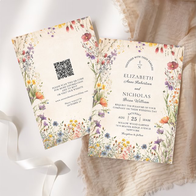 Vintage Wildflowers  QR Code Wedding Invitation (Créateur téléchargé)