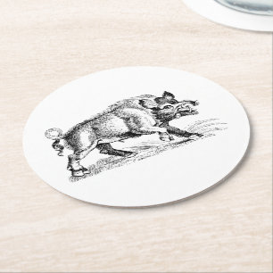 Vintage-Wildschwein-Zeichnung SW #2 Runder Pappuntersetzer