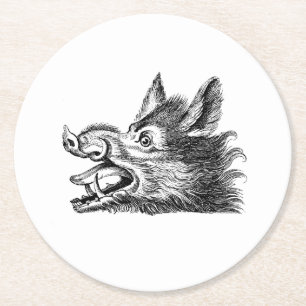 Vintage-Wildschweinkopf-Zeichnung SW Runder Pappuntersetzer
