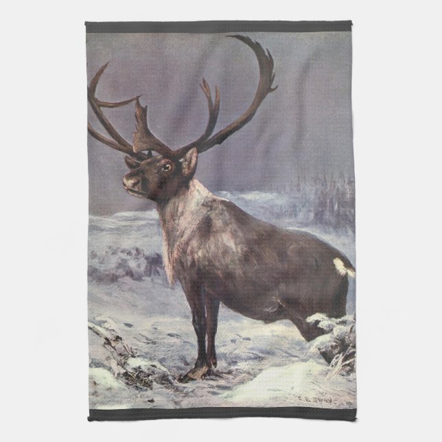 Vintage Wildtiere, Rentier Kariou von CE Swan Geschirrtuch (Vertikal)