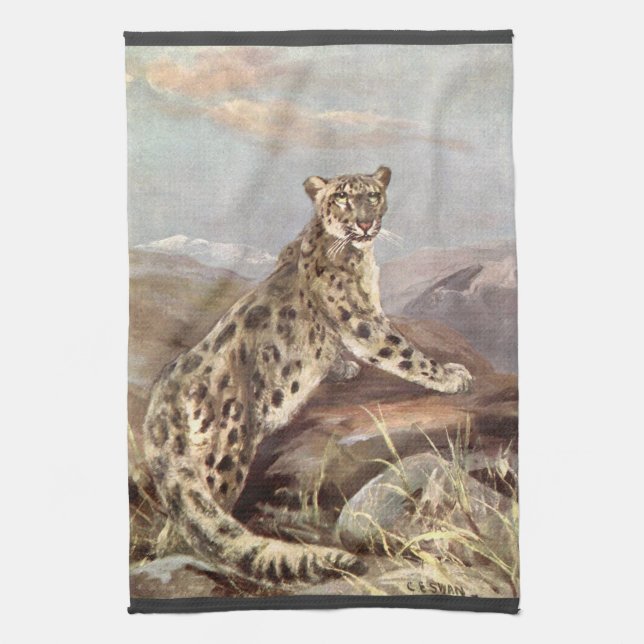 Vintage Wildtiere, Schneeleopard von CE Swan Geschirrtuch (Vertikal)
