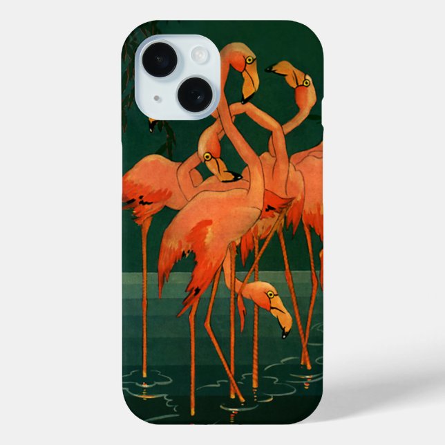 Vintage Wildtiere, tropisch rosa Flamingos iPhone 15 Hülle (Rückseite)