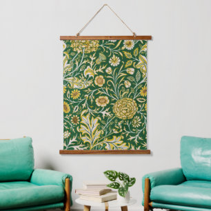 Vintage William Morris Cherwell Grün Blumen Kunst Wandteppich Mit Holzrahmen