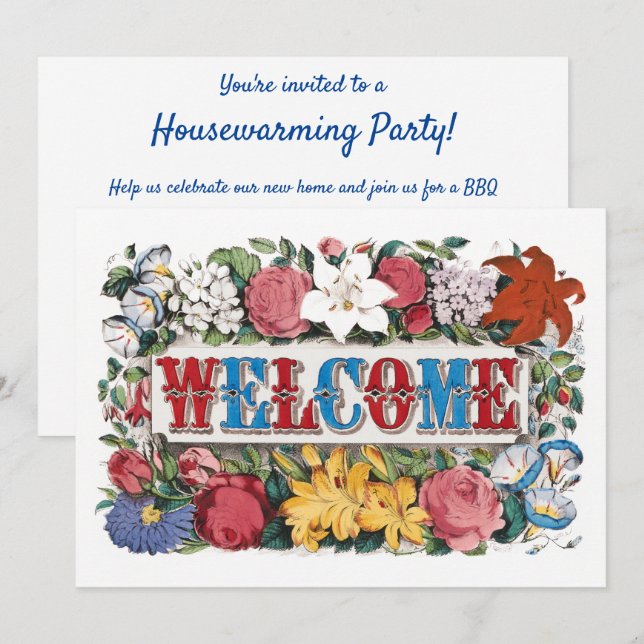 Vintage WILLKOMMEN Blume Hauswärmung Party Einladung (Vorne/Hinten)