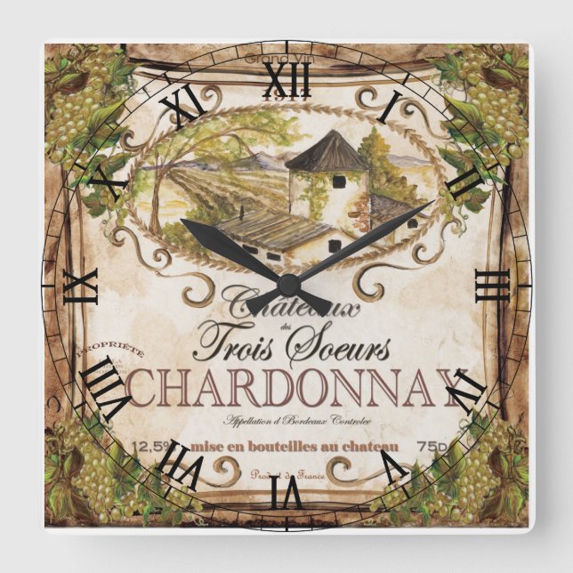 Vintage Wine Label Wall Clock Quadratische Wanduhr (Vorderseite)