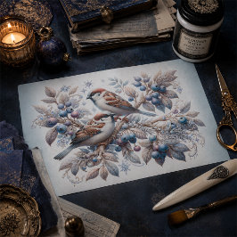 Vintage Winter Sparrows und Blueberries Decoupage Seidenpapier