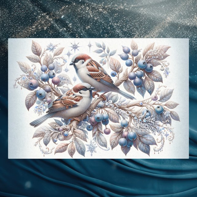 Vintage Winter Sparrows und Blueberries Decoupage Seidenpapier (Von Creator hochgeladen)