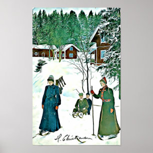 Vintage Winter-Szene, schneebedecktes Dorfplakat Poster