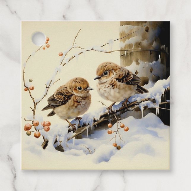 Vintage Winter-Vogelzweige Geschenkanhänger (Vorderseite)