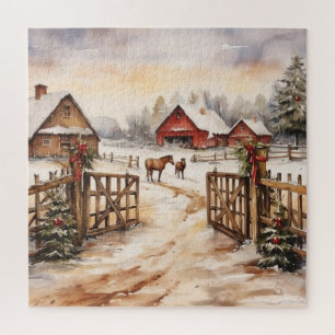 Vintage Winter-Weihnachtsbauernhofszene mit Pferde