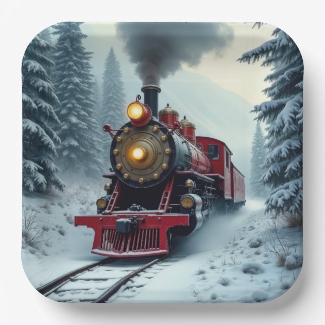 Vintage Winterdampflokomotive Pappteller (Vorderseite)