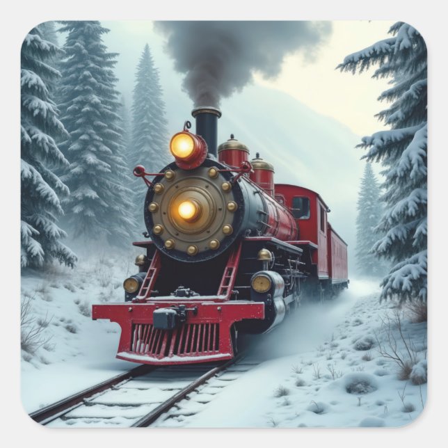 Vintage Winterdampflokomotive Quadratischer Aufkleber (Vorderseite)