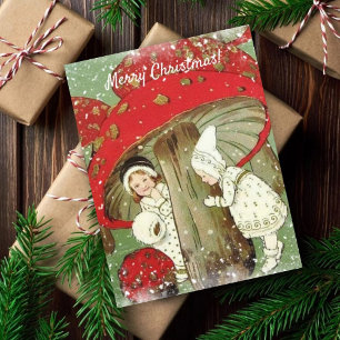 Vintage-Winterfeen unter Pilz-Weihnachten Postkarte