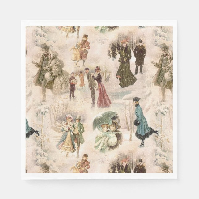 Vintage Winterfreudenszenen Serviette (Vorderseite)