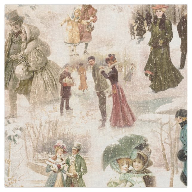 Vintage Winterfreudenszenen Stoff (Nahaufnahme)