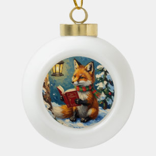 Vintage Winterfuchs liest beim Laternenlicht Keramik Kugel-Ornament