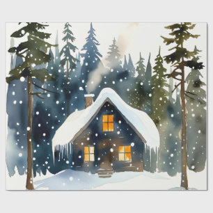 Vintage Winterhütte Wasserfarben Weihnachten Geschenkpapier