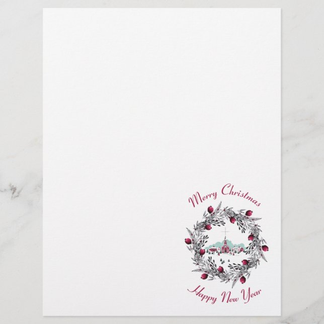 Vintage Winterkirchenszene mit Weihnachtskranz (Vorderseite)