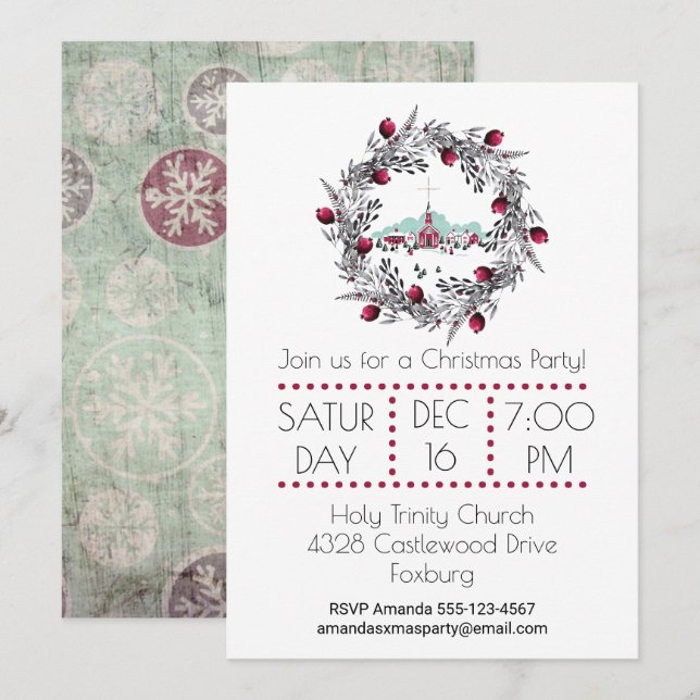 Vintage Winterkirchenszene mit Weihnachtskranz Einladung (Vorne/Hinten)