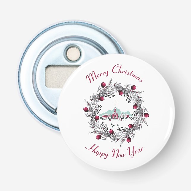 Vintage Winterkirchenszene mit Weihnachtskranz Flaschenöffner (Vorderseite)