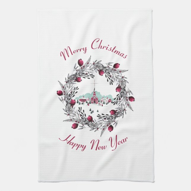 Vintage Winterkirchenszene mit Weihnachtskranz Küchentuch (Vertikal)