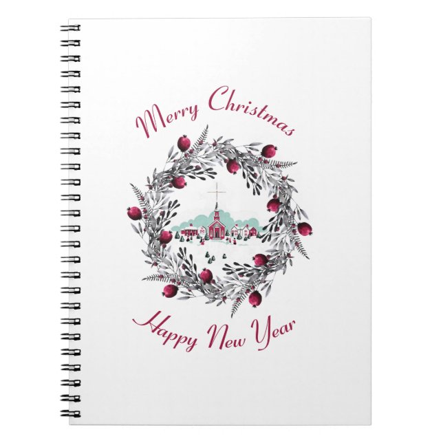 Vintage Winterkirchenszene mit Weihnachtskranz Notizblock (Vorderseite)