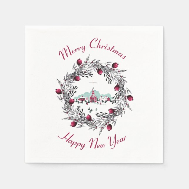 Vintage Winterkirchenszene mit Weihnachtskranz Serviette (Vorderseite)
