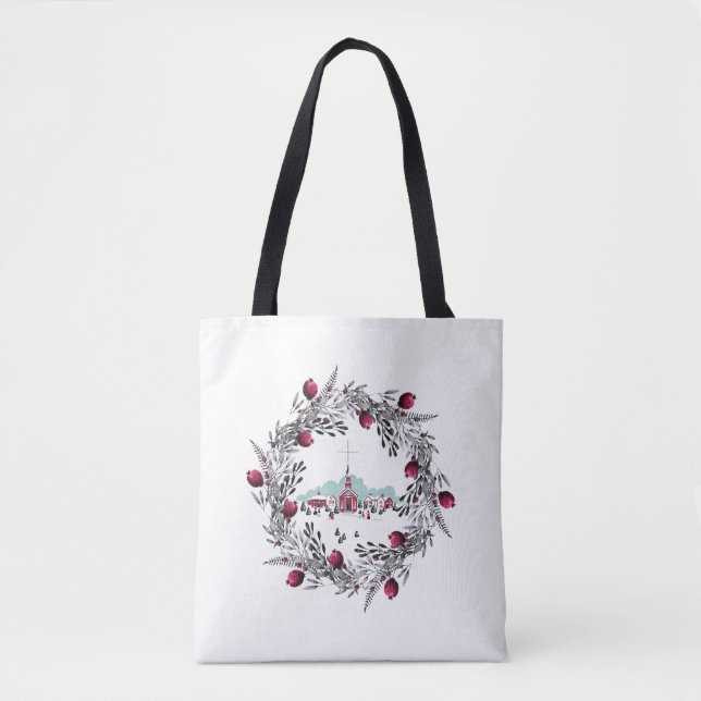 Vintage Winterkirchenszene mit Weihnachtskranz Tasche (Vorderseite)