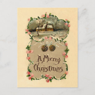 Vintage Winterlandschaft mit Blumengrenze Postkarte