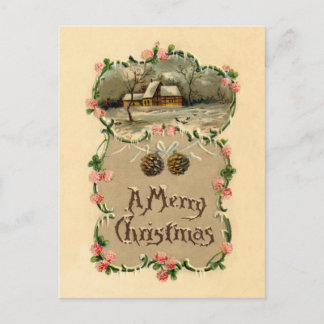 Vintage Winterlandschaft mit Blumengrenze Postkarte