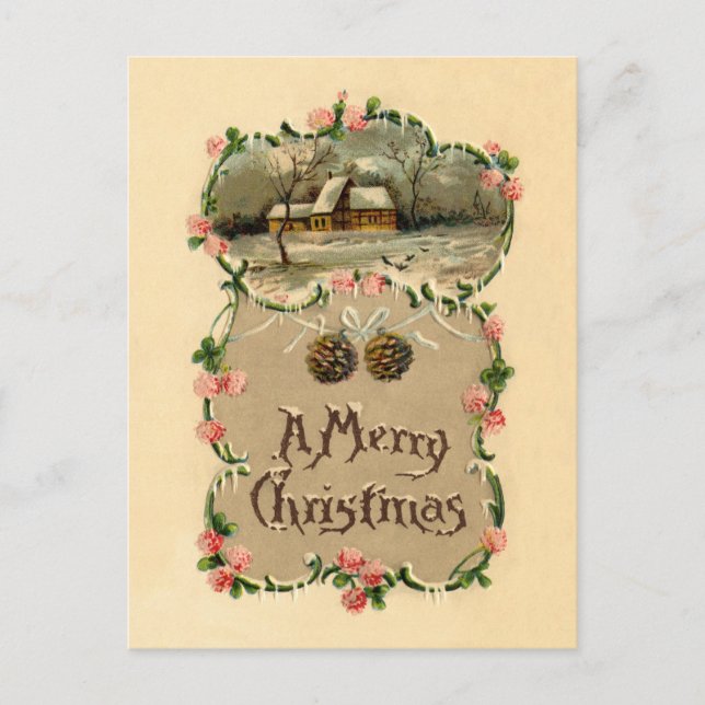 Vintage Winterlandschaft mit Blumenrahmen Postkarte (Vorderseite)