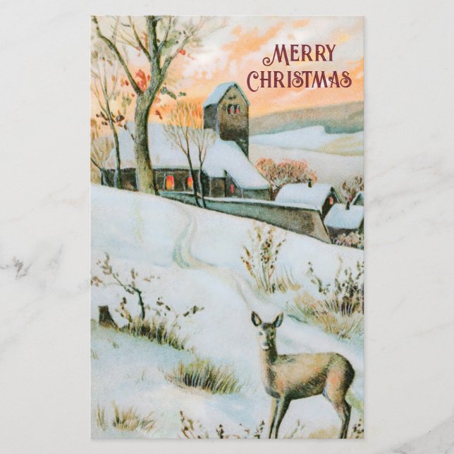 Vintage Winterlandschaft mit Hirschweihnachtskarte (Vorderseite)