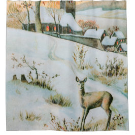 Vintage Winterlandschaft mit Reh Duschvorhang