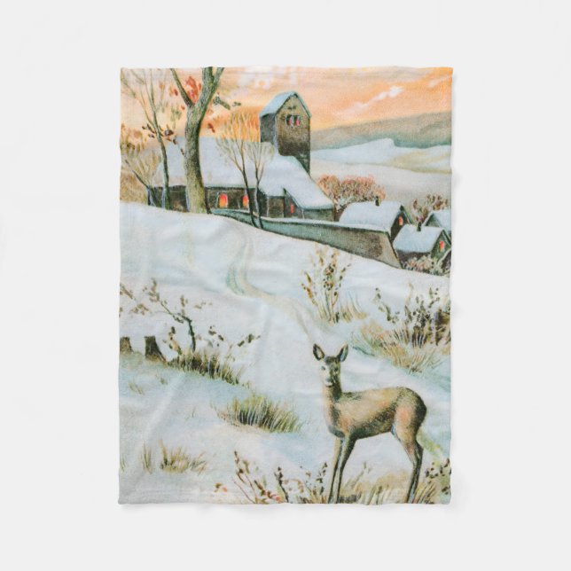 Vintage Winterlandschaft mit Reh Fleecedecke (Vorderseite)