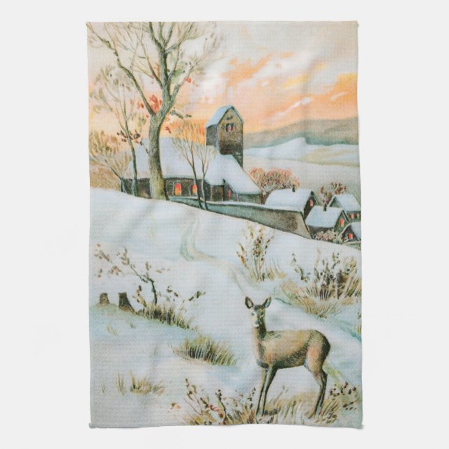 Vintage Winterlandschaft mit Reh Geschirrtuch (Vertikal)