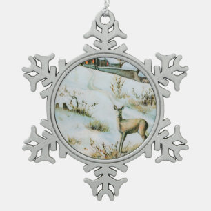 Vintage Winterlandschaft mit Reh Schneeflocken Zinn-Ornament