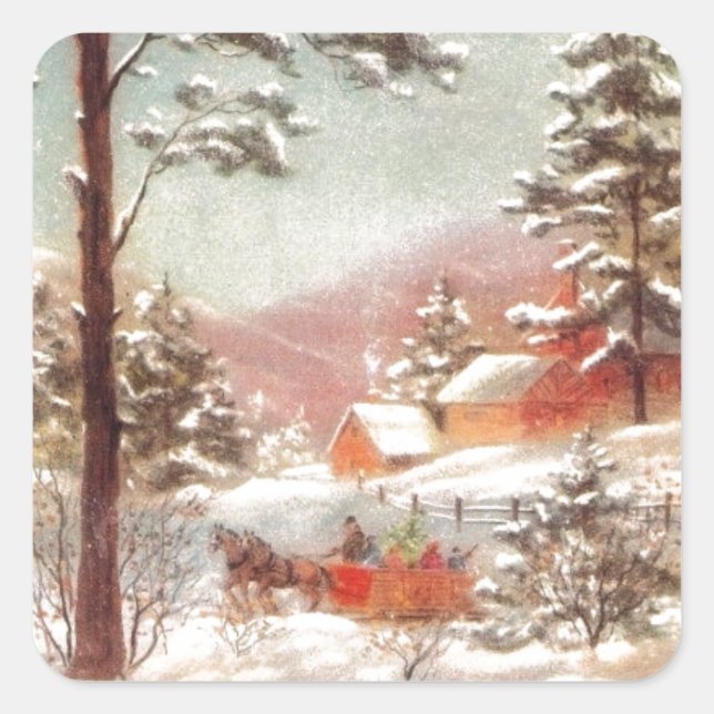 Vintage Winterlandschaft Quadratischer Aufkleber (Vorderseite)