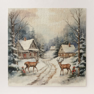 Vintage winterliche Weihnachtslandschaft mit Hirsc
