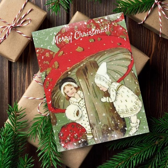 Vintage Wintermärsche unter Pilzweihnachtsfest Postkarte (Von Creator hochgeladen)