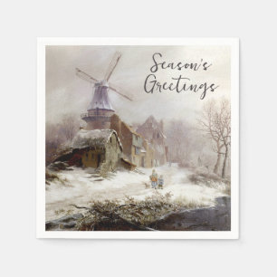 Vintage Wintermühle-Schneelandschaft Serviette