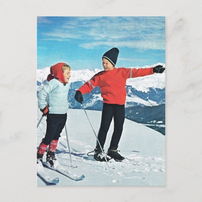 Vintage Wintersportarten, Kinder auf den Pisten Postkarte (Vorderseite)